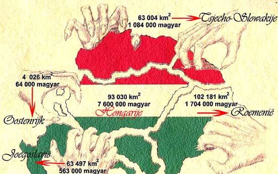De afgestane gebieden ná het Verdrag van Trianon en wat rest van Hongarije.