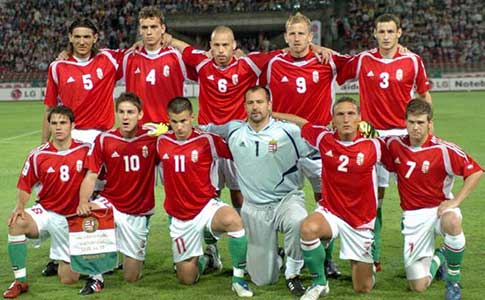 Het Hongaarse team, met Böõr Zoltán, bij de wedstrijd tegen Zweden op 7/9/2005.