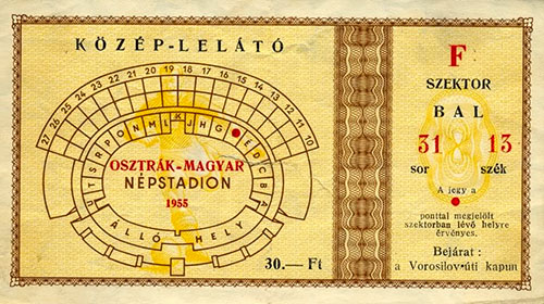Ticket van de wedstrijd Hongarije-Oostenrijk van 16 oktober 1955.
