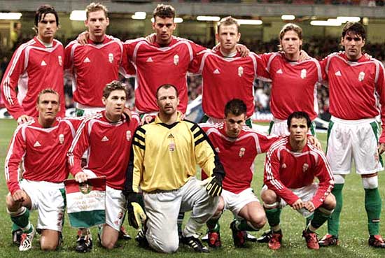 Het Hongaars nationaal elftal bij een wedstrijd tegen Wales op 9 februari 2005.