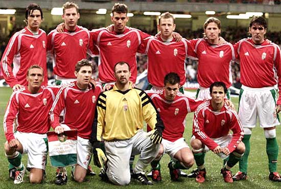 Het Hongaars nationaal elftal bij een wedstrijd tegen Wales op 9 februari 2005.