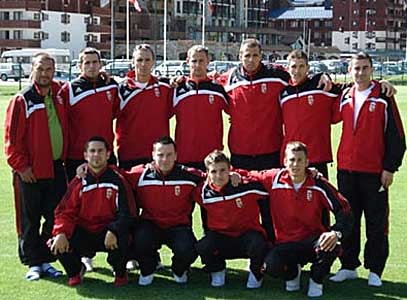 Kovács Kálmán als trainer van het Hongaars nationaal elftal Strandvoetbal in 2008.