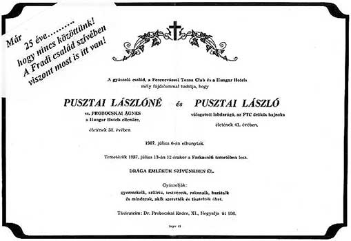 Herdenkingskaartje 2012: 25 jaar overleden Pusztai Lásló en zijn echtgenote Ágnes.