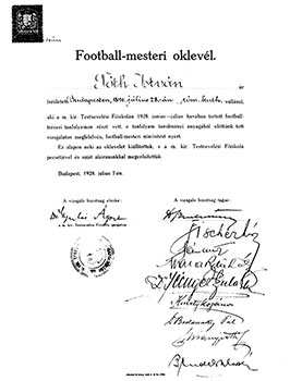Het trainersdiploma van Tóth Potya István van 7 juli 1928.