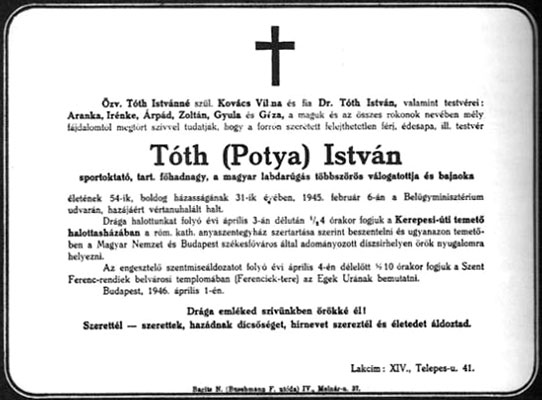 Het overlijdensbericht van Tóth Potya István.