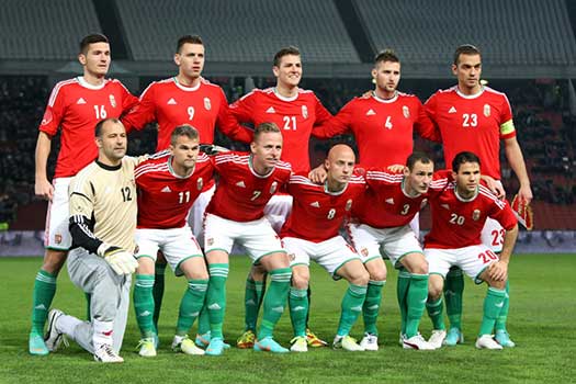 Het Hongaars nationaal elftal met Varga József (8).