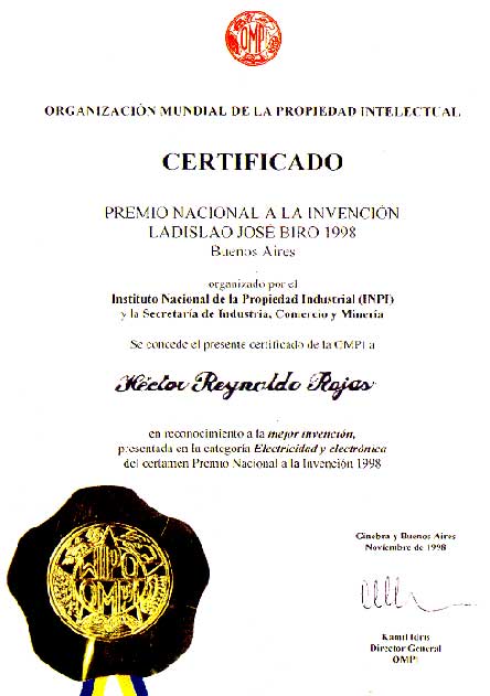 Het certificaat van de uitvinderprijs 'Premio Nacional a la Invención Ladislao José Biro'