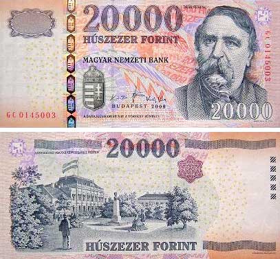Een Hongaars bankbiljet van 20.000 forint uit 2008 met de afbeelding van Deák Ferenc.
