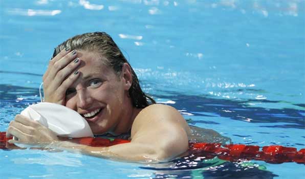 Een ongelovige Katinka na het veroveren van een gouden medaille op de Olympische Spelen van 2016 in Rio.