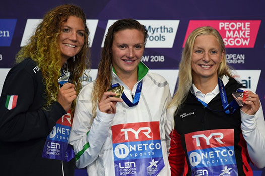 Hosszú Katinka (midden) op het podium naast Ilaria Cusinatio (links, zilver, Italië) en Maria Ugolkova (rechts, brons, Zwitserland)