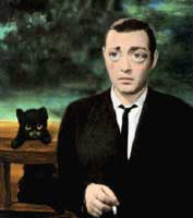 Peter Lorre op een schilderij van Margaret Keane. 