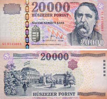 Een Hongaars bankbiljet van 20.000 forint uit 2008 met de afbeelding van Deák Ferenc.
